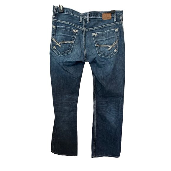 BKE Carter Straight Mens Jeans Size 33L Blue Distressed Button Fly Denim - Picture 2 of 7